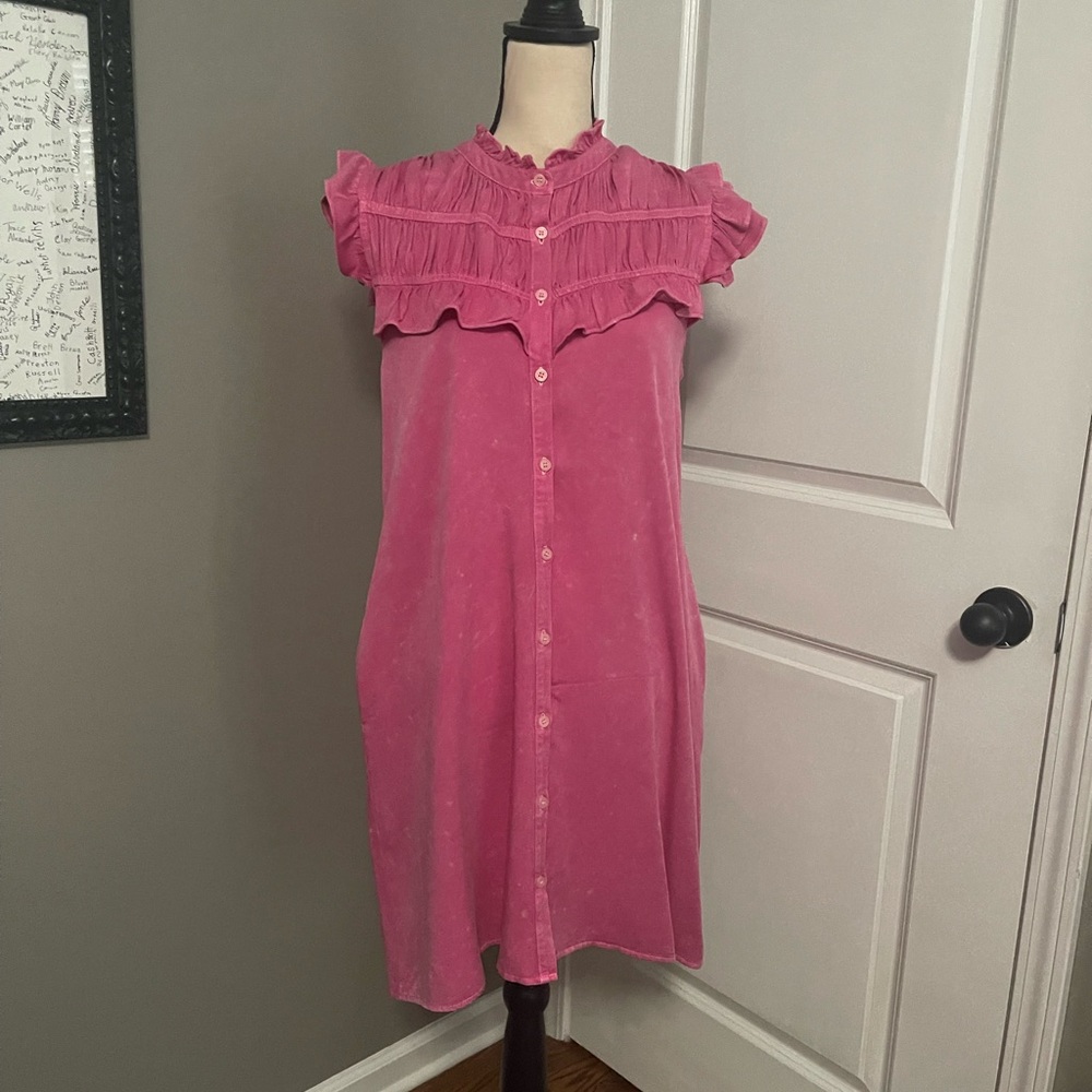 JODIFL Pink Ruffle Button-Front Midi Dress